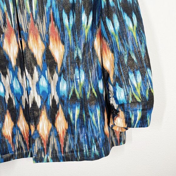 Chicos Linen Blend Ruched Sleeve Jacket Size L Ikat Print Blue Metallic Collared - Picture 3 of 12
